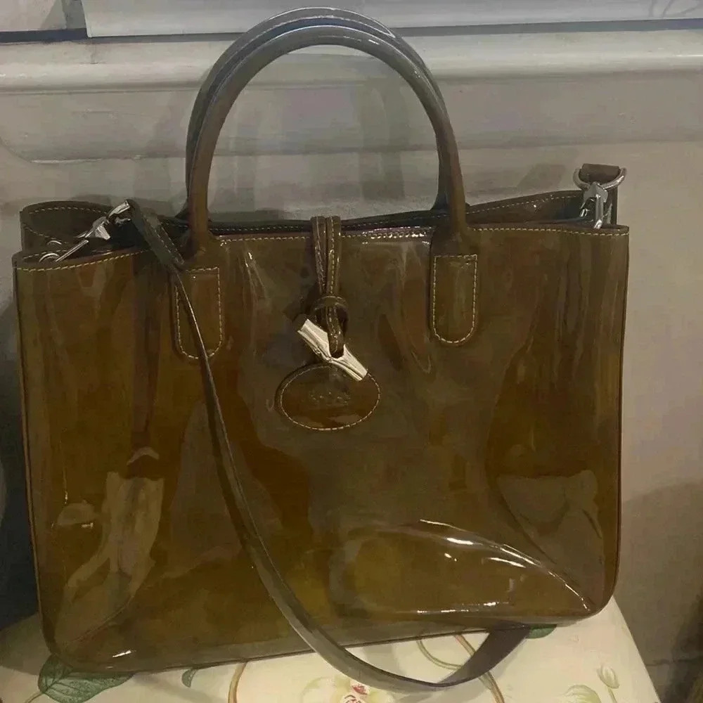 LONGCHAMP Brown Tortoise Patent Leather Large Roseau Toggle Tote - Picture 3 of 14